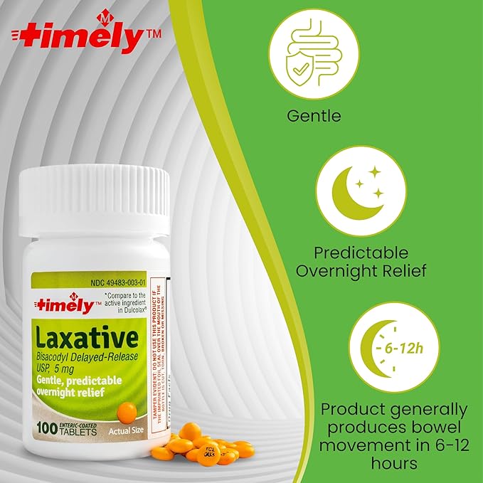 Timely Laxative Bisacodyl 5mg Tablets - Stimulant Laxatives for Constipation Fast Acting & Gentle - Overnight Constipation Relief for Adults - Compare to Active Ingredients in Dulcolax - 100 Tablets