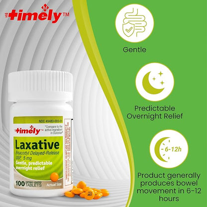 Timely Laxative Bisacodyl 5mg Tablets - Stimulant Laxatives for Constipation Fast Acting & Gentle - Overnight Constipation Relief for Adults - Compare to Active Ingredients in Dulcolax - 100 Tablets
