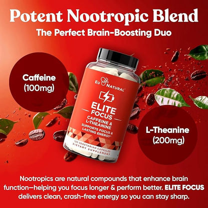 Elite Caffeine Pills with L-Theanine – Jitter-Free Focused Energy Supplements – Clean & Natural Nootropic Stack for Smart Cognitive Performance – 240 Soft Capsules