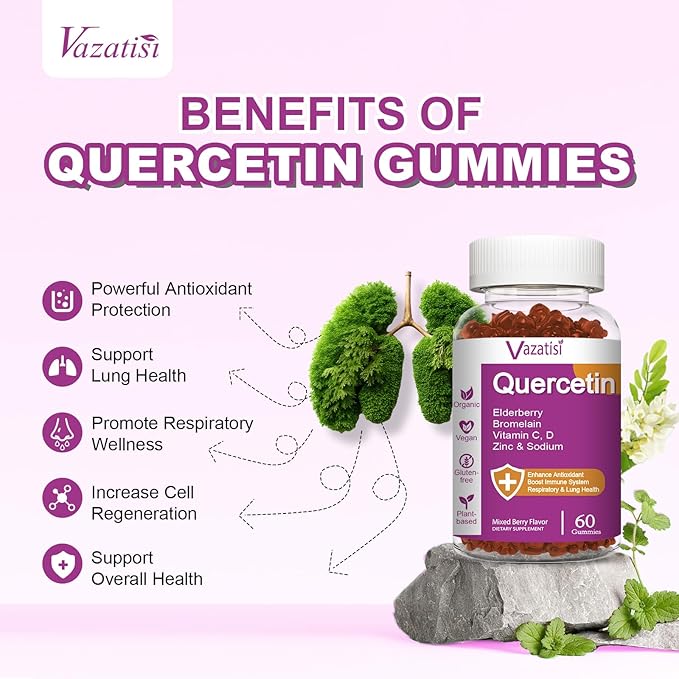 Quercetin Gummies, Quercetin with Vitamin C Zinc, Bromelain, Elderberry and Vitamin D, Immune Support Adults Kids, Women Men, 60 Gummies Chewable