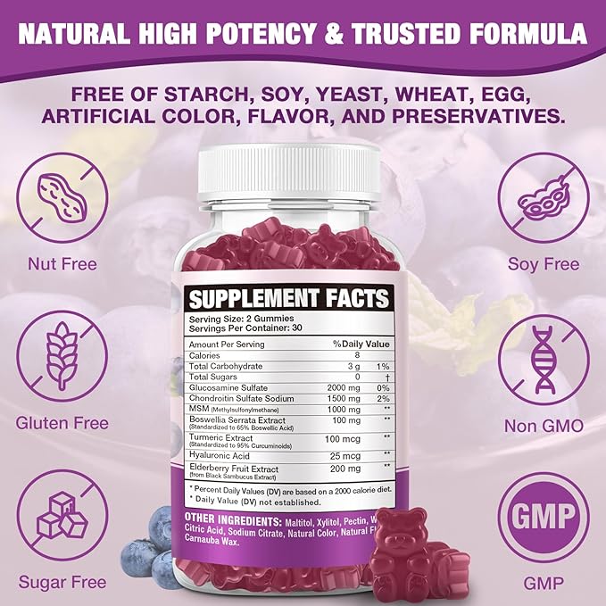 2 Packs 2000mg Glucosamine Chondroitin Gummies, Extra Strength Glucosamine with Chondroitin MSM & Turmeric, Joint Support Supplement, Antioxidant Immune Support - 120 Gummies