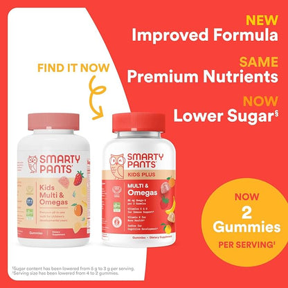 SmartyPants Kids Multivitamin Gummies: Omega 3 Fish Oil (EPA/DHA), Vitamin D3, C, Vitamin B12, B6, A, K & Zinc for Immune Support, Biotin, Gluten Free, Three Fruit Flavors, 90 Count (22 Day Supply)