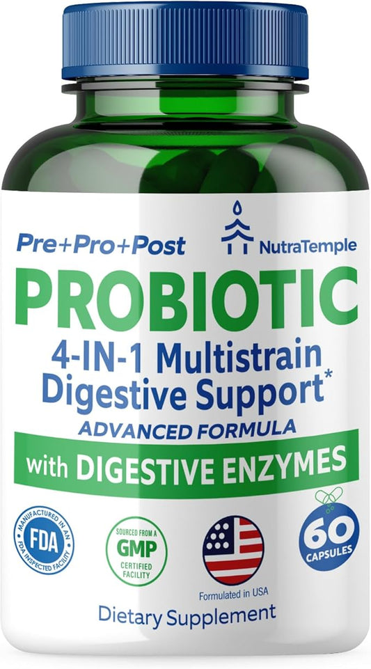 4 in 1 Pre Post Probiotics & Digestive Enzymes for Women & Men - Digestive Health, Gut & Immune Support for Occasional Constipation, Diarrhea, Gas & Bloating – 60 Veggie Capsules