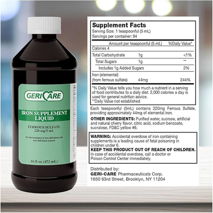 GeriCare 220 High Potency Liquid Iron Supplement | Liquid Iron for Adults | for Anemia and Iron Deficiency | 220mg of Iron Per 5mL Dose. (Pack of 1)
