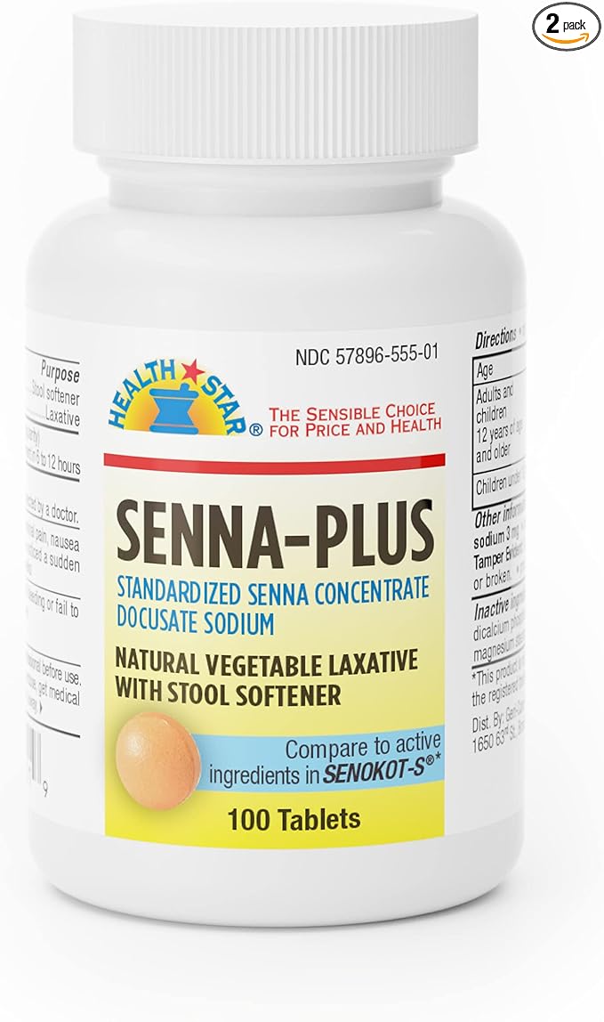 GeriCare Senna Plus Natural Vegetable Laxative with Stool Softener, Generic for Senekot | Docusate Sodium 50mg, Sennosides 8.6mg 100 Count (Pack of 2)