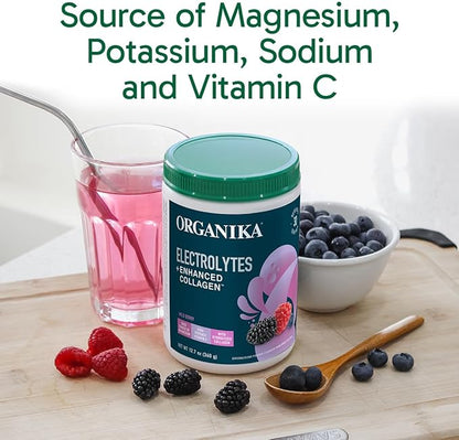 Organikа Electrolytes with Enhanced Collagen Powder for Women & Men - 360g - Wild Berry-Flavored Effervescent Electrolyte & Collagen Drink Mix - Deep Hydration, Mobility, Skin, Hair, & Nails