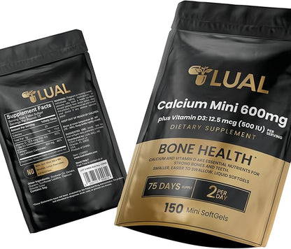 LUAL Calcium Minis 600 mg with Vitamin D3 - Bone & Muscle Support - 150 Mini Softgels - Easy to Swallow - Calcium & D3 for Strong Bones & Mobility