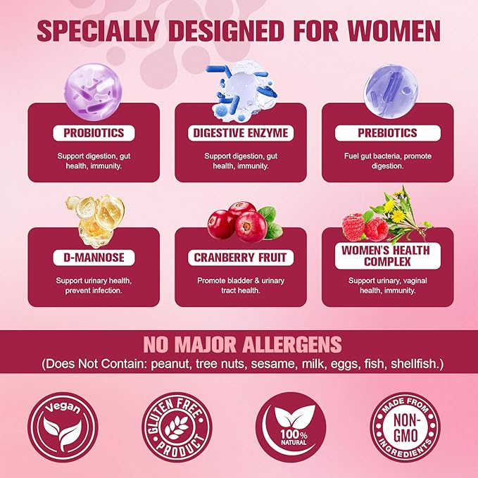 (2 Packs) Probiotics for Women, 120 Billion Women Probiotic, Digestive Enzymes & Prebiotics, with Akkermansia, Cranberry, D-Mannose, for Gut, Vaginal, Urinary, Immune, PH Balance