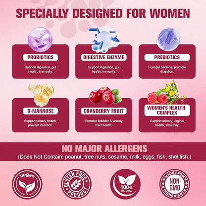 Probiotics for Women, 120 Billion Women Probiotic, Digestive Enzymes & Prebiotics, with Akkermansia, Cranberry, D-Mannose, for Gut, Vaginal, Urinary, Immune, PH Balance, 120 Vegan Capules