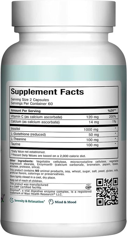Maxi Health - Relax to the Max Stress Relief Formula (120 Count) Mood Relief Capsules with Vitamin C, Calcium, L-Theanine, L-Taurine & Amino Acids - All Natural Calming & Relaxation Supplements