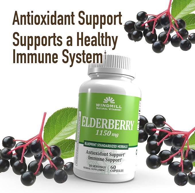 Windmill Natural Vitamins Elderberry Capsules, Supports Immune System, Potent Antioxidants, 1,150 mg of Elderberry, 60 Capsules, 30 Servings