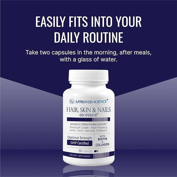 Approved Science Hair, Skin and Nails - Support Supplement - Biotin, Collagen, Vitamin B Complex, Silica, BioPerine - 180 Capsules - 3 Month Supply