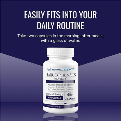 Approved Science Hair, Skin and Nails - Support Supplement - Biotin, Collagen, Vitamin B Complex, Silica, BioPerine - 180 Capsules - 3 Month Supply