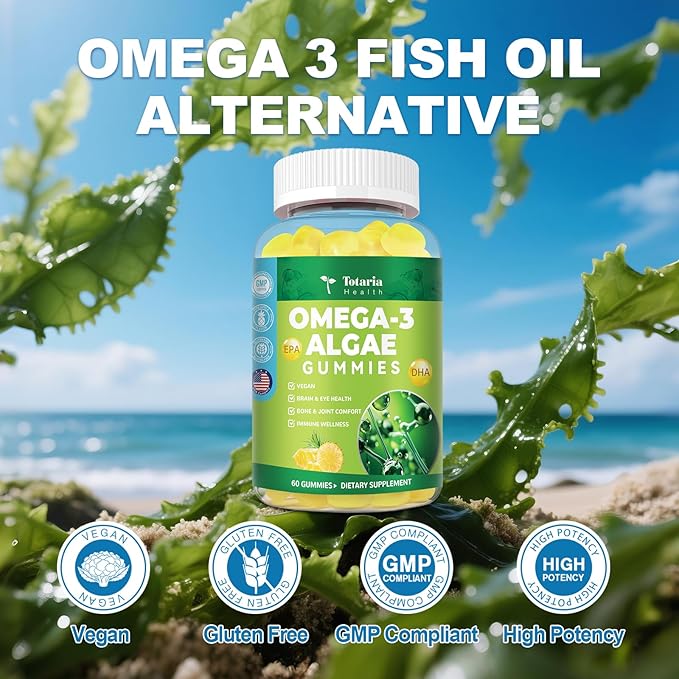 Vegan Algae Omega-3 Gummies with DHA 600mg, EPA 400mg, Phytosterols, Turmeric, Phosphatidylserine, CoQ10 for Brain & Eye Wellness - Omega 3 Supplement Fish Oil Alternative for Adults & Teens - 60 Cts