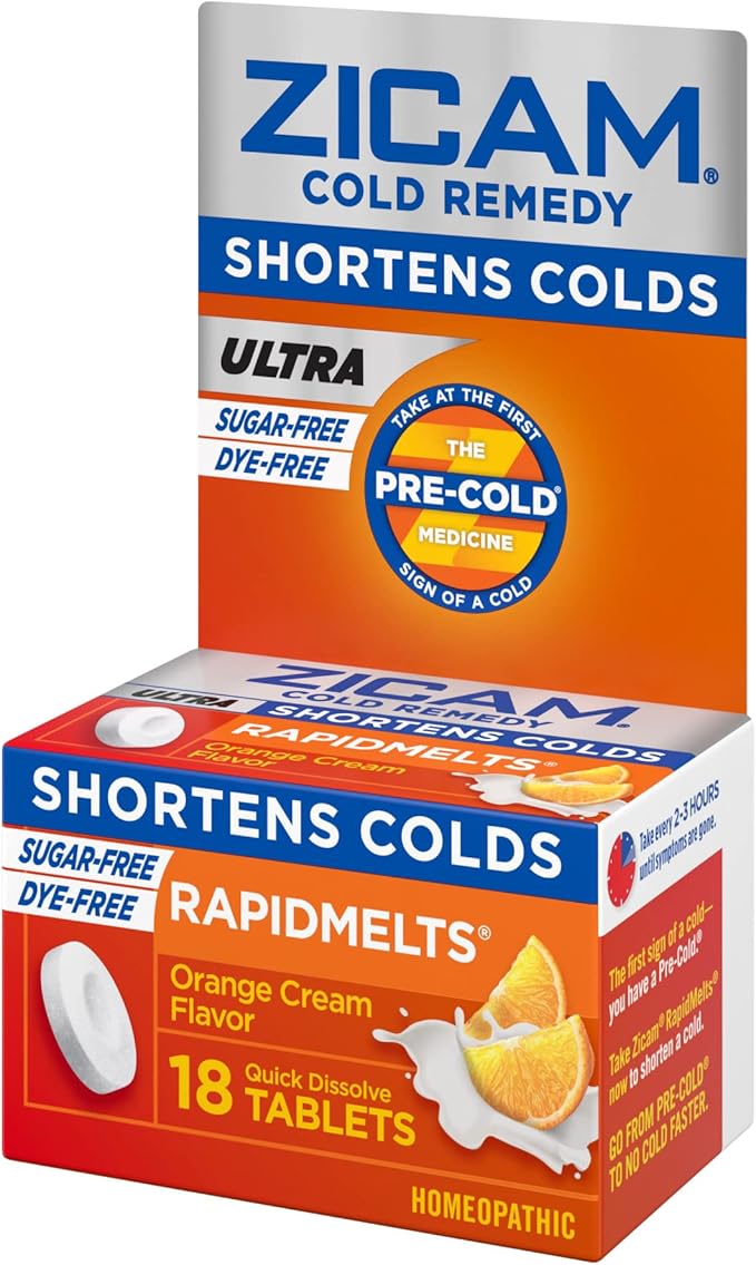 Zicam Ultra Cold Remedy Zinc Rapidmelts, Orange Cream Flavor, Homeopathic, Cold Shortening Medicine, Shortens Cold Duration, Sugar-Free, Dye-Free, 18 Count (Pack of 2)