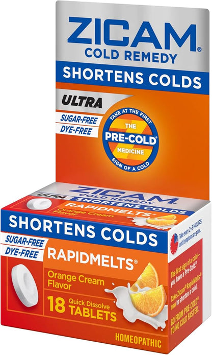 Zicam Ultra Cold Remedy Zinc Rapidmelts, Orange Cream Flavor, Homeopathic, Cold Shortening Medicine, Shortens Cold Duration, Sugar-Free, Dye-Free, 18 Count (Pack of 2)