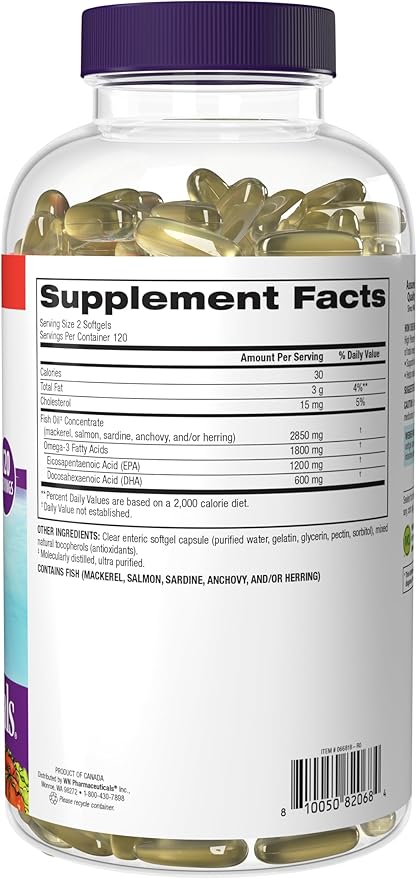 Webber Naturals Fish Oil 2850 mg, High Potency, 1800 mg Omega-3 per Serving, 240 Clear Enteric Softgels, No Fishy Aftertaste, Ultra-Purified, Supports Heart, Cognitive, and Joint Health