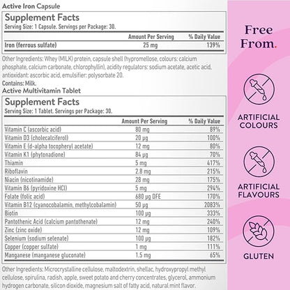 Active Iron Supplement for Women, Non-Constipating, 30 Active Iron Ferrous Sulphate Capsules with 30 Women's Multivitamin Tablets, Clinically Proven to Increase Iron & Energy Levels