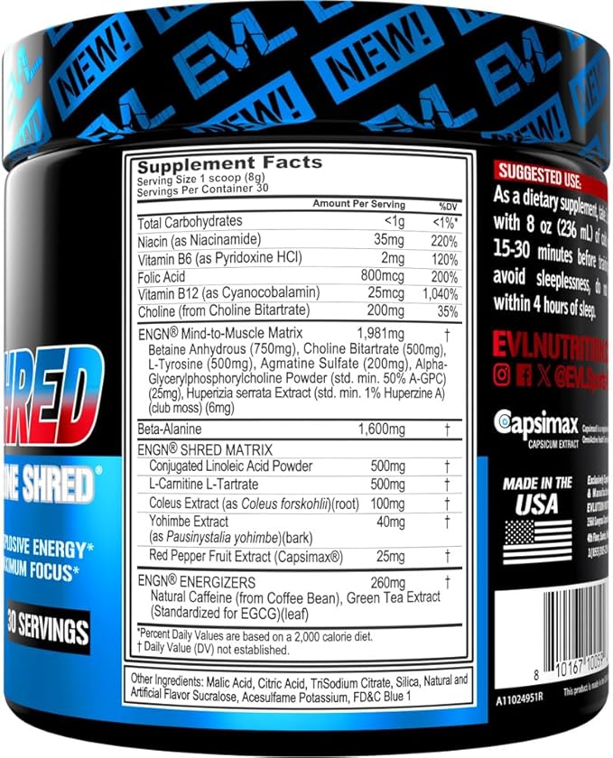 EVL Ultimate Pre Workout Powder - Thermogenic Fat Burn Support Preworkout Powder Drink for Lasting Energy Focus and Stamina - ENGN Shred Intense Creatine Free Preworkout Drink Mix - Rocket Pop
