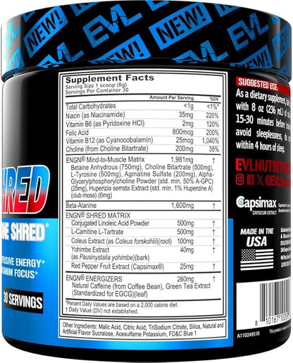 EVL Ultimate Pre Workout Powder - Thermogenic Fat Burn Support Preworkout Powder Drink for Lasting Energy Focus and Stamina - ENGN Shred Intense Creatine Free Preworkout Drink Mix - Rocket Pop