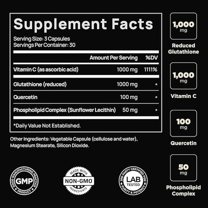 ELMNT 2150mg Super Liposomal Glutathione Supplement w. Vitamin C, Quercetin & Pure L Glutathione 2000mg Triple Action Formula Glutathione Liposomal Supplement w. Phospholipid Layer - 90 Pills, Non-GMO