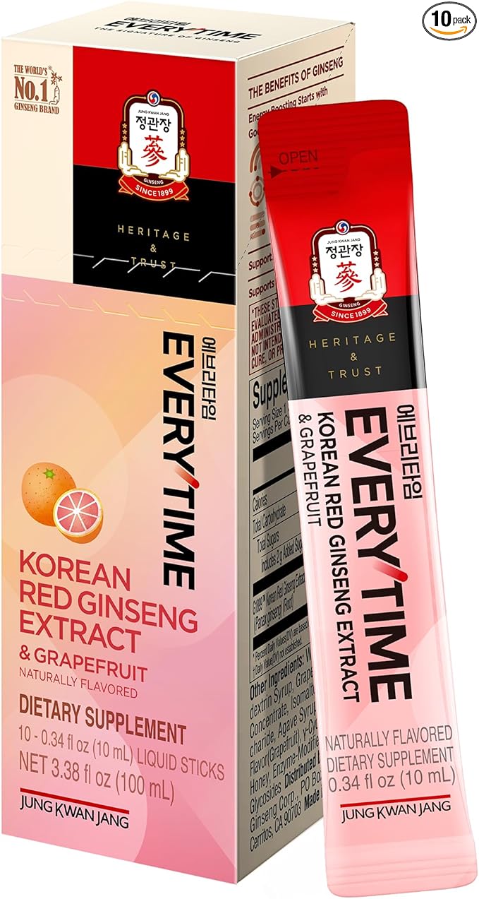 Everytime Korean Red Ginseng Extract 1,000mg & Grapefruit - Vegan Ginseng Root Energy Drink Liquid Stick Supplements - Builds Stamina & Immunity, No Caffeine (10 Sticks, 0.34 fl oz)