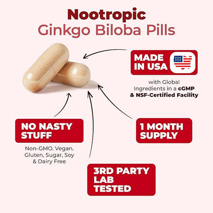 Ginseng Extract & Ginkgo Biloba Supplements - Extra Strength Nootropics Brain Support Supplement for Memory & Focus - Panax Ginseng Root 800mg + Gingko 600mg + Ginkgo Biloba 120mg Extract. 60 capsules