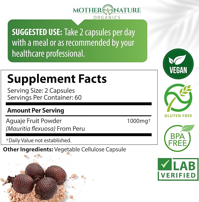 Mother Nature Aguaje Curves Capsules for Women, 1000mg (120ct), Natural & Sustainably Sourced Aguaje Fruit from Peru for Female Health, Hormone Balance, Curve Enhancer, Vegan, Non-GMO & Gluten-Free