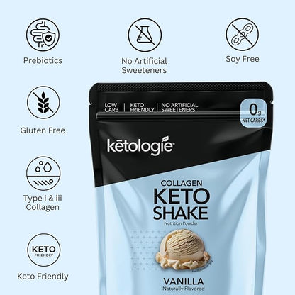 Keto Collagen Shake (Vanilla) - with Coconut Oil, Prebiotics, Grass Fed Hydrolyzed Collagen Peptides Type I & III, Low Carb, Gluten Free,1.78lbs.