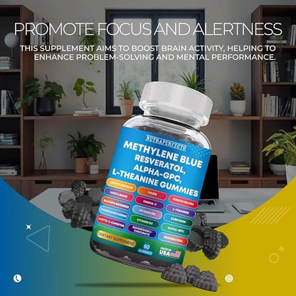 Sugar Free Methylene Blue Gummies Supplement with L-Theanine, DIM, Myo-Inositol, D-Chrio, Choline, DHA for Mental Clarity, Focus, Brain, Memory, Cognitive Support Vitality Performance Neuroprotection