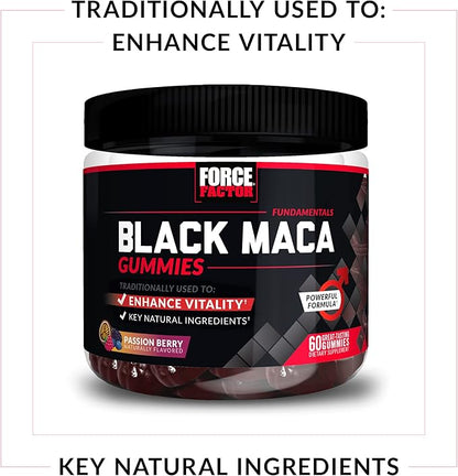 Force Factor Black Maca Gummies, 2-Pack, Black Maca Root to Enhance Male Vitality, Increase Energy & Strength, with BioPerine for Superior Absorption, Delicious Passion Berry Flavor, 120 Gummies