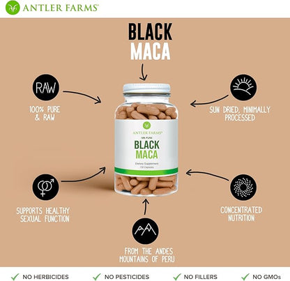 Antler Farms - 100% Pure Black Maca Root, 130 Capsules, 1500mg – Grown in The Junin Plateau in Peru, Male Energy, Vitality & Stamina, Hormonal Balance, Memory & Mental Clarity