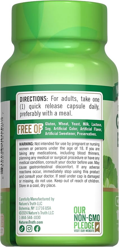 Nature's Truth Ginkgo Biloba 120mg | Plus Bacopa | 100 Quick Release Capsules | Standardized Extract | Non-GMO and Gluten Free Supplement