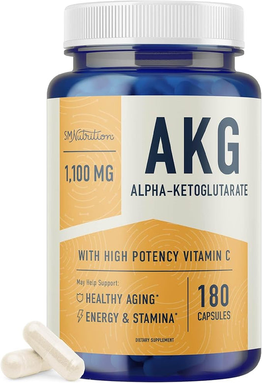 AKG Supplement | 1,100MG Per Serving | 180 Capsules | Alpha Ketoglutarate With Calcium + Vitamin C | For Healthy Aging, Longevity, Energy, and Focus | Vegan, Gluten-Free, Non-GMO, Third-Party Tested