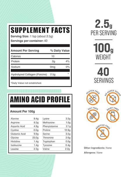 BulkSupplements.com Porcine Collagen Powder - Hydrolyzed Collagen Powder, Collagen Supplement, Collagen Protein Powder - Gluten Free, 2500mg per Serving, 100g (3.5 oz) (Pack of 1)