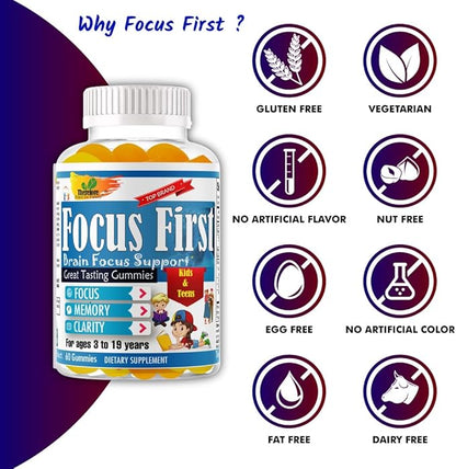 Focus First Kids Focus Support Gummies, Kids Brain Booster Focus Vitamins for Kids, Memory Booster Gummies for Brain with DHA/EPA Omega 3 6 9-60ct