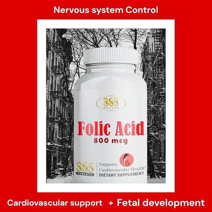 365 Health Folic Acid 800mcg (0.8mg) Vitamin B9-365 Tablets I Supports Cardiovascular, Essential Prenatal & Postnatal Vitamin, Non-GMO and Vegan