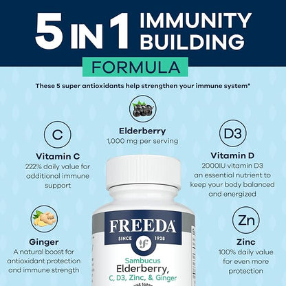 FREEDA Sambucus Elderberry with Vitamin C, Zinc, Vitamin D3 & Ginger - 5 in 1 Herbal Antioxidant Immune Support Supplement for Women & Men - Gluten Free Adult Elderberry Capsules, USA Made (120 Count)