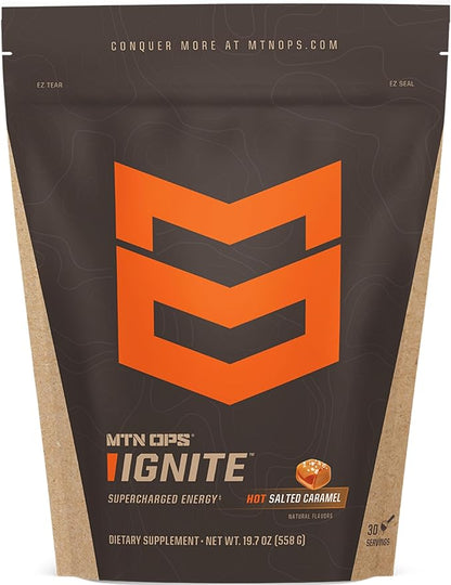 MTN OPS Hot Ignite Instant Coffee Nootropic & L-Arginine L-Citrulline for Cognitive Clarity, Mental Focus & Nitric-Oxide Boost | 200mg Caffeine per Serving, 30 Servings | Salted Caramel