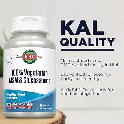 KAL 100% Vegetarian MSM & Glucosamine - Healthy Joint Support - Vegan Glucosamine and MSM Supplement - Made Without Shellfish - Lab Verified - 60-Day Guarantee - 60 Servings, 60 Tablets