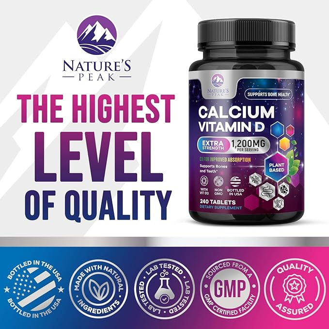 Calcium 1200 mg with Vitamin D3, Calcium Supplement Vitamins, Bone, Teeth & Immune Health Support, Calcium Supplements with D for Women & Men, Nature's Absorbable Calcium Carbonate - 240 Tablets