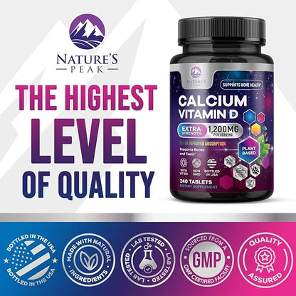 Calcium 1200 mg with Vitamin D3, Calcium Supplement Vitamins, Bone, Teeth & Immune Health Support, Calcium Supplements with D for Women & Men, Nature's Absorbable Calcium Carbonate - 240 Tablets