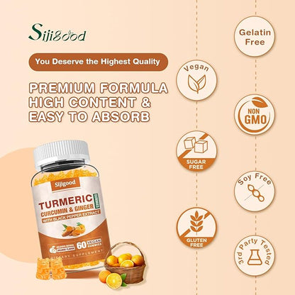Turmeric Curcumin Gummies with Ginger and Black Pepper Herbal Supplement, Immune Support, Healthy Skin, and Joint Health, for Women, Men and Kids - 60 Orange Flavored Gummies