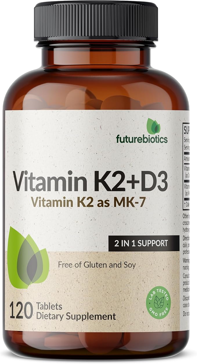 Futurebiotics Vitamin K2 with D3, 2 in 1 Support, 5000 IU Vitamin D3 & 90 mcg Vitamin K2 MK-7 Non-GMO, 120 Tablets