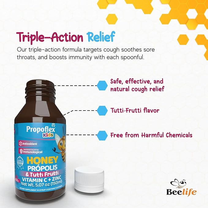 Beelife Bee Propolis Cough Syrup Kids- Triple-Action - Natural Syrup, Brazilian Green Propolis, Zinc, Bromelain, Vitamin C- Support Immunity & Recovery - from Brazil, Tutti Fruit Flavor, 150 ml