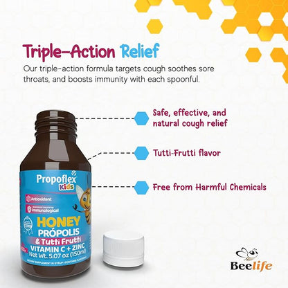 Beelife Bee Propolis Cough Syrup Kids- Triple-Action - Natural Syrup, Brazilian Green Propolis, Zinc, Bromelain, Vitamin C- Support Immunity & Recovery - from Brazil, Tutti Fruit Flavor, 150 ml