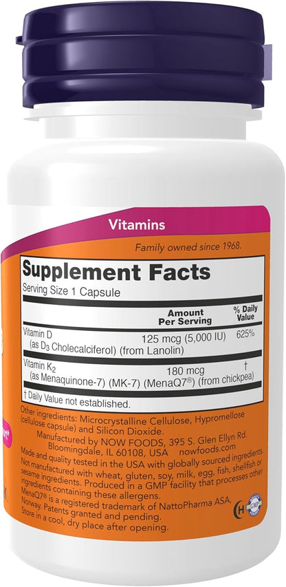 NOW Foods Supplements, Mega D-3 & MK-7 with Vitamins D-3 & K-2, 5,000 IU/180 mcg, Bone & Cardiovascular Support*, 60 Veg Capsules