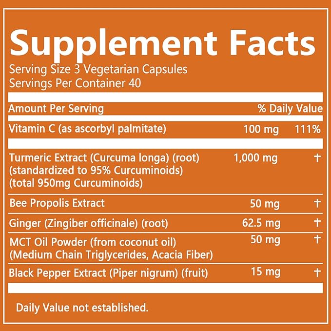 Turmeric Curcumin Supplement 1000mg - 95% Turmeric Complex Supplement with Bee Propolis, Ginger, MCT Oil, Fat Soluble Vitamin C, & Black Pepper, Non-GMO, Gluten Free, 120 Capsules