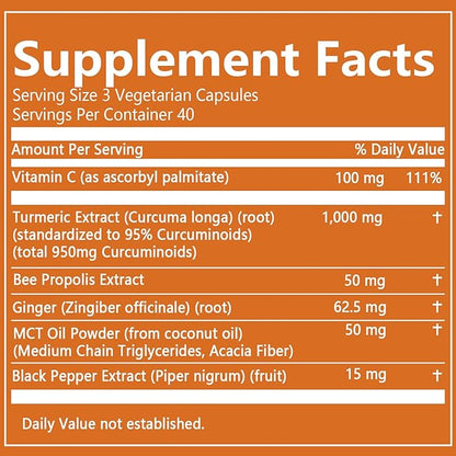 Turmeric Curcumin Supplement 1000mg - 95% Turmeric Complex Supplement with Bee Propolis, Ginger, MCT Oil, Fat Soluble Vitamin C, & Black Pepper, Non-GMO, Gluten Free, 120 Capsules