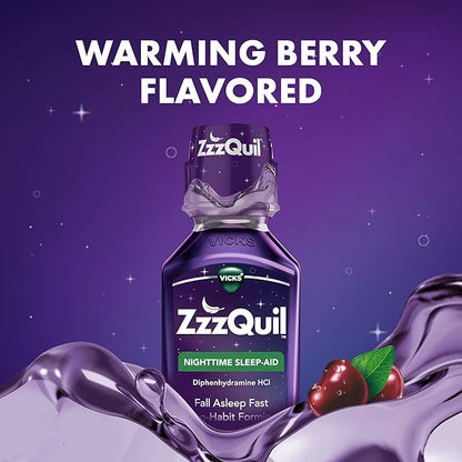 ZzzQuil, Sleep Aid, Nighttime Sleep Aid Liquid, 50 mg Diphenhydramine HCl, Fall Asleep Fast, Non-Habit Forming, Warming Berry Flavor, 12 FL OZ (Pack of 2)